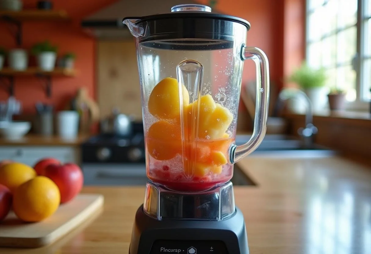 Blending fresh Maguari fruits with water and sugar to create Maguari suco concentrado.