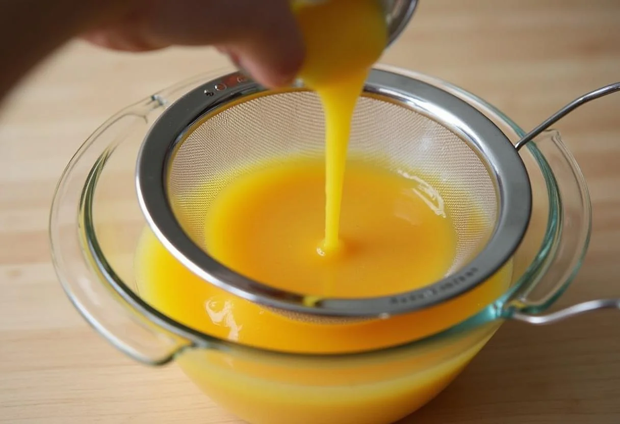 Straining blended Maguari juice to prepare a smooth Maguari suco concentrado.
