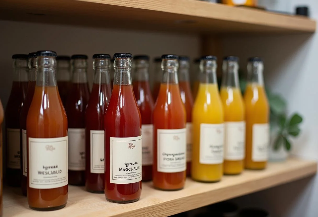 Bottled Maguari suco concentrado, ready for storage and serving.