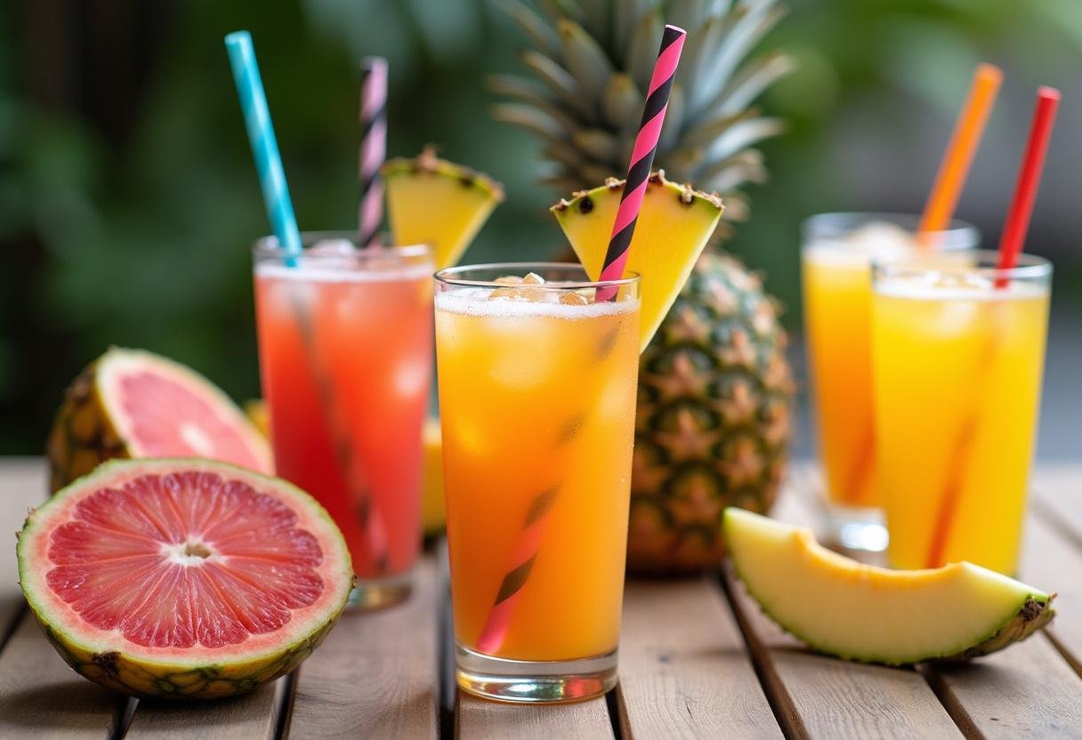 Mesas com refrescos de Suco Mid em várias cores, ideal para uma celebração refrescante.