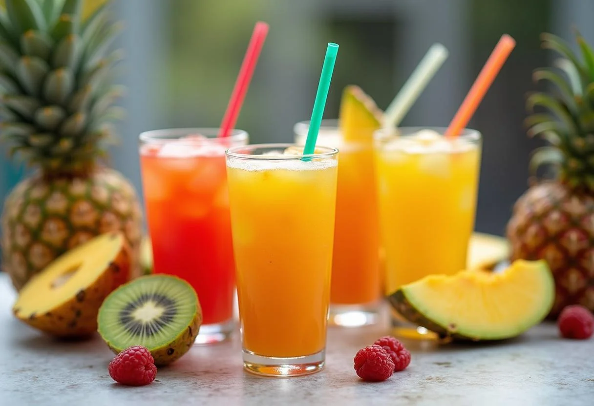 Mesas com refrescos de Suco Mid em várias cores, ideal para uma celebração refrescante.