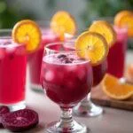 Mesas decoradas com suco rosa detox de beterraba, cenoura e laranja, ideal para um brunch saudável.