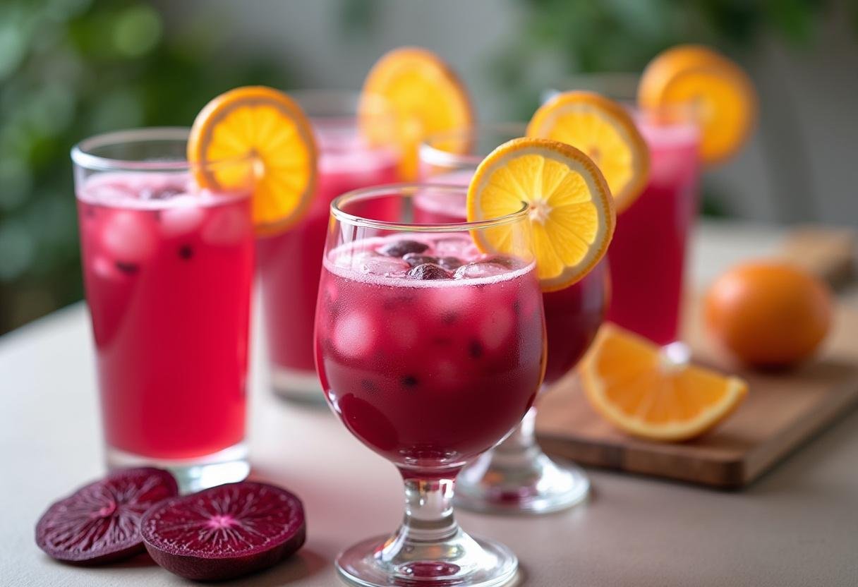 Mesas decoradas com suco rosa detox de beterraba, cenoura e laranja, ideal para um brunch saudável.
