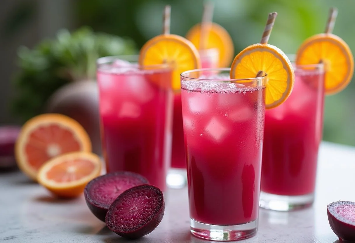 Mesas decoradas com suco rosa detox de beterraba, cenoura e laranja, ideal para um brunch saudável.