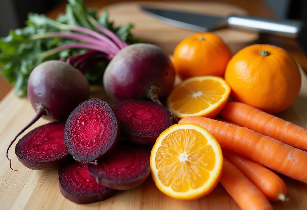 Ingredientes frescos como beterraba, cenoura e laranja para preparar suco rosa detox.