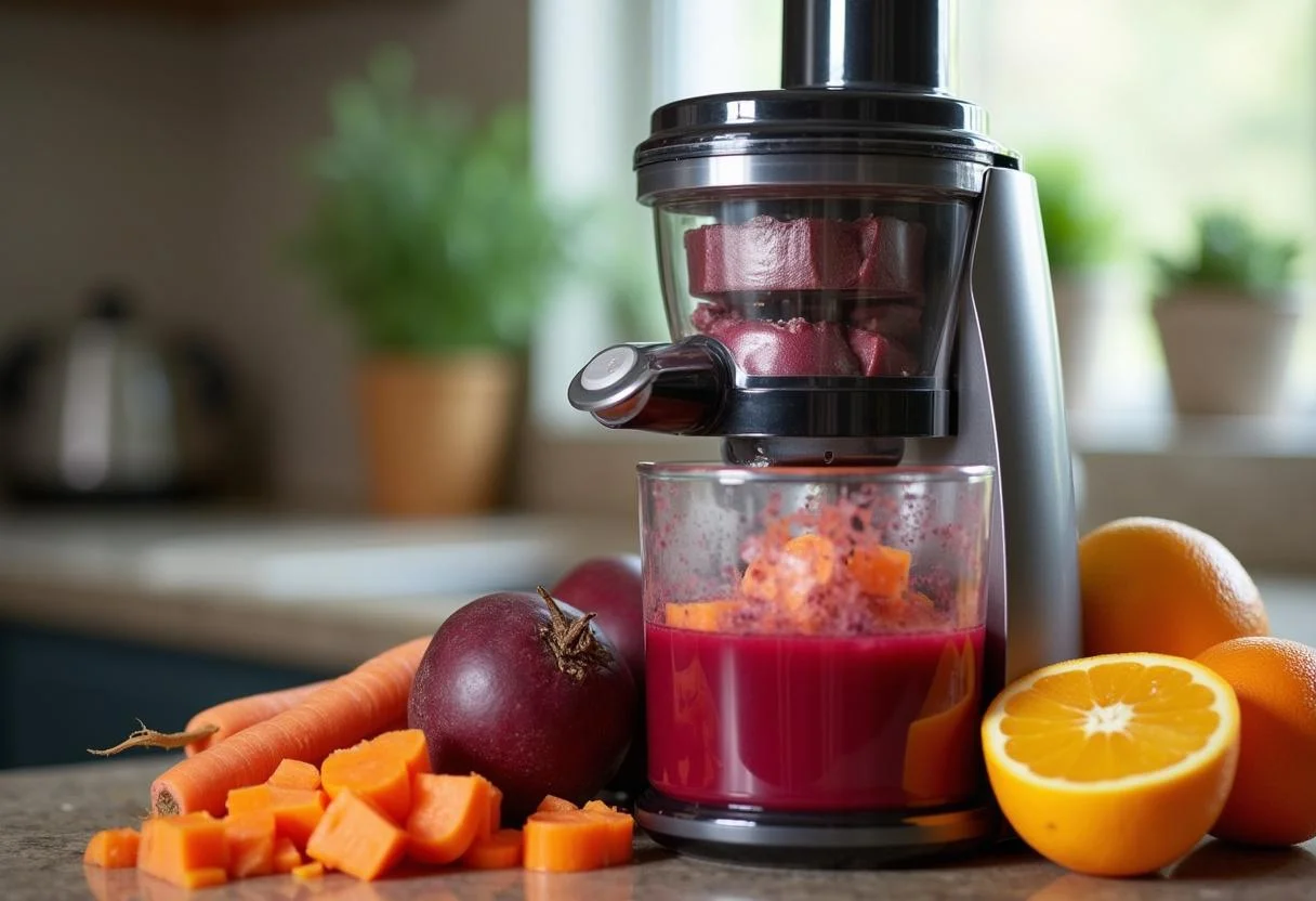 Proceso de extração de suco rosa detox com beterraba, cenoura e laranja utilizando um espremedor.