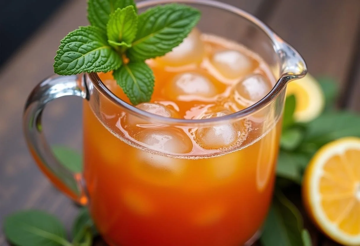 Mistura do suco rosa detox com gelo e folhas de hortelã para bebida saudável.