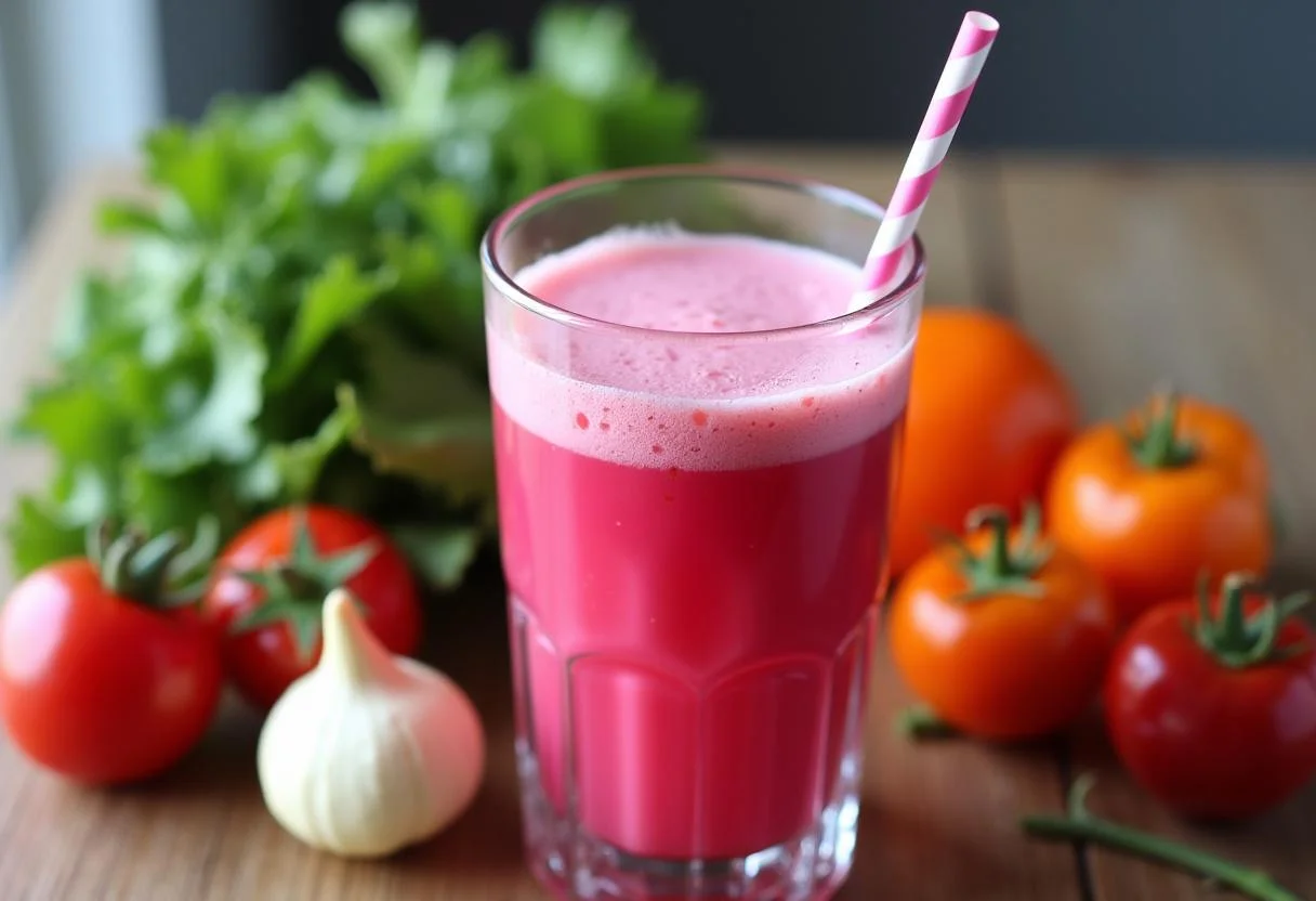 Copo de suco rosa detox pronto para servir, com beterraba, cenoura e laranja ao redor.