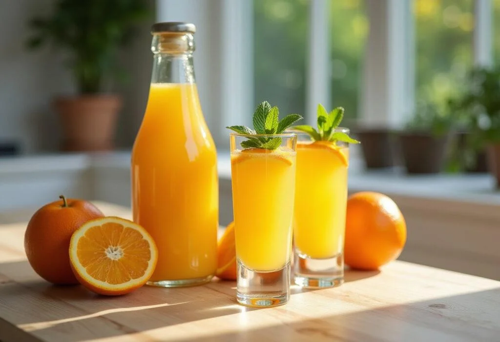 Suco de fruta em garrafa servido em uma mesa, ideal para refrescar os convidados com suco de laranja garrafa.
