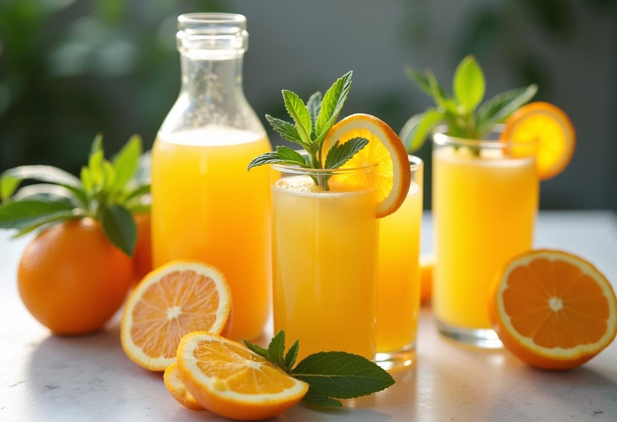 Suco de fruta em garrafa servido em uma mesa, ideal para refrescar os convidados com suco de laranja garrafa.