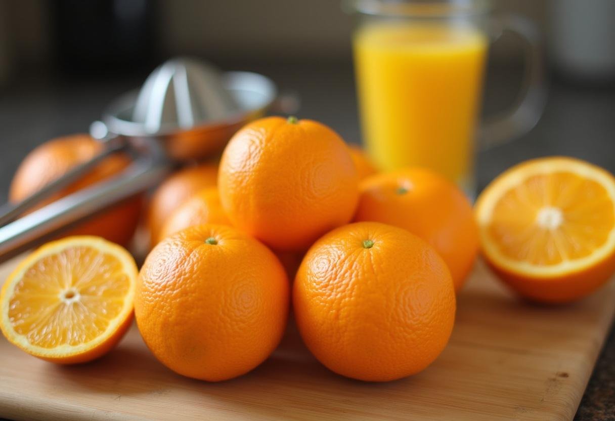 Laranja fresca sendo preparada para suco de garrafa, representando suco natural de laranja.