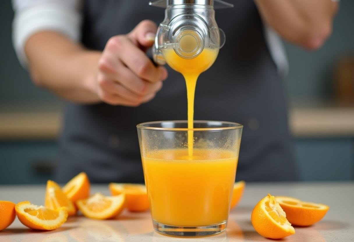 Suco de laranja sendo extraído com um juicer, ideal para suco integral de laranja.
