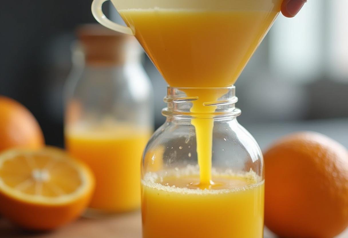 Garrafa de suco sendo preenchida com suco natural de laranja, perfeita para garantir frescor na garrafa para suco.