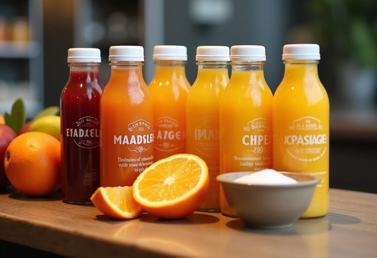 Garrafa de suco de laranja integral e outras variedades expostas, representando suco de garrafa.