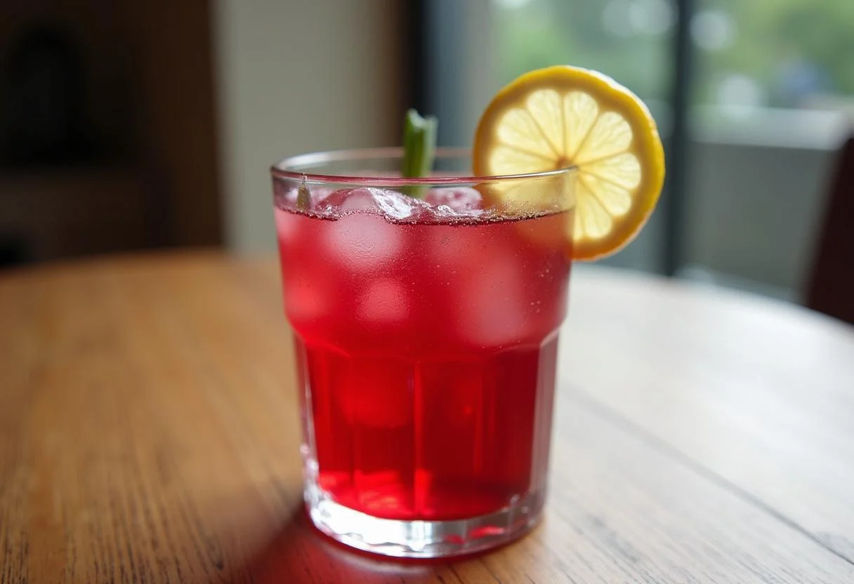Suco de groselha caseiro servido em um copo com gelo e limão.