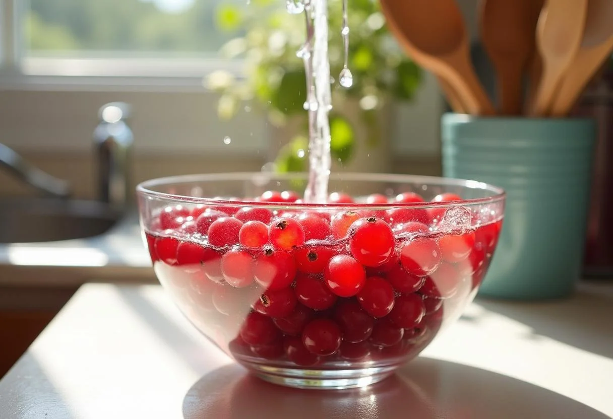 Frutas vermelhas sendo lavadas para fazer suco de groselha caseiro.