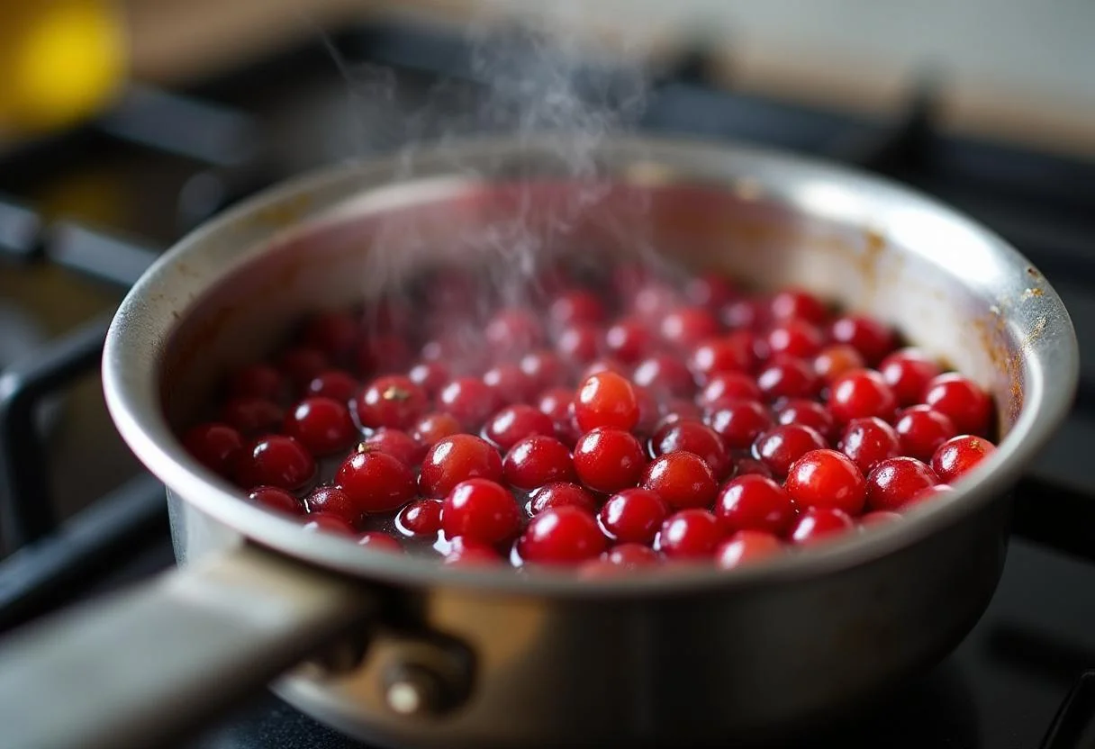 Cozinhando groselhas em uma panela para o suco de groselha caseiro.