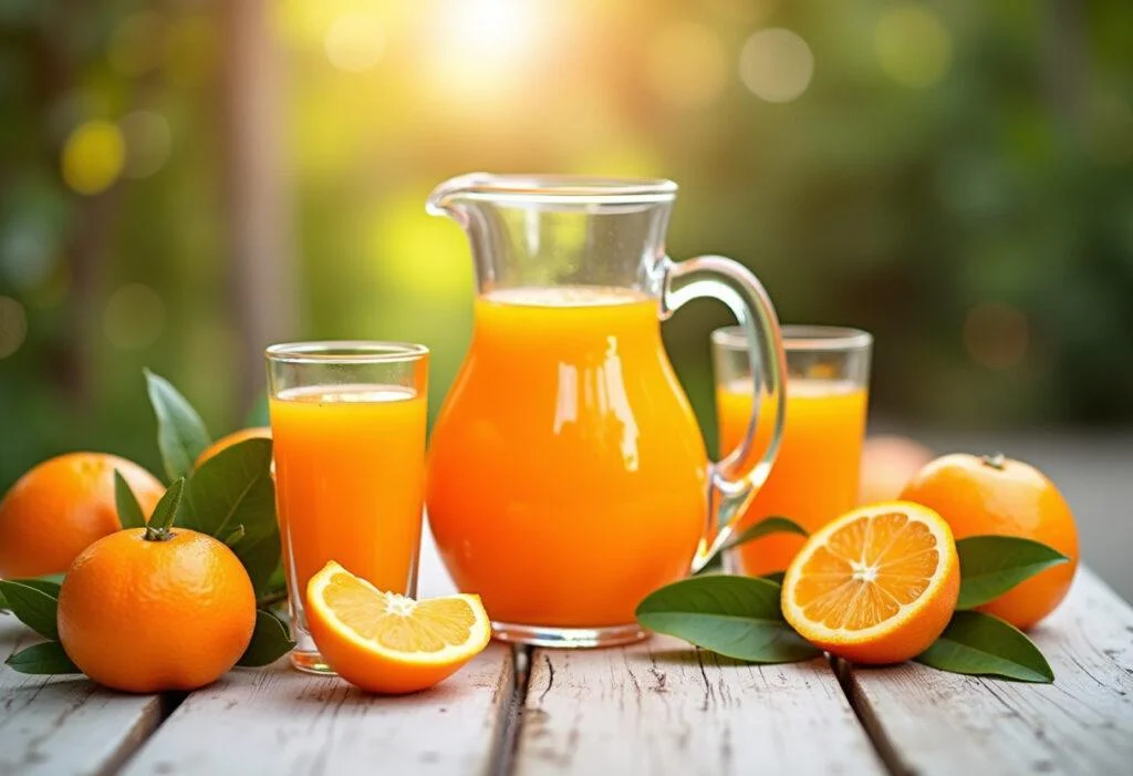 Outdoor presentation of Suco de Laranja Bahia Natural with laranja bahia, ideal for refreshing drinks.