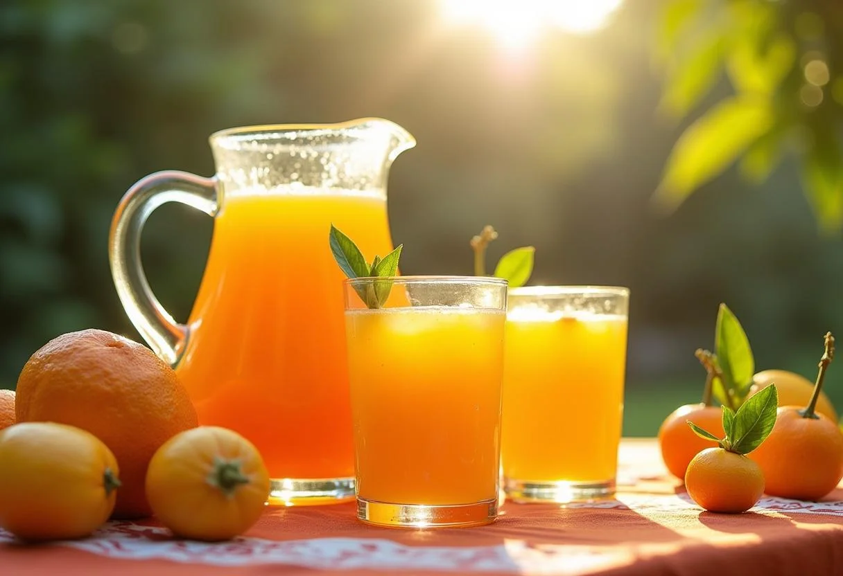 Apresentação ao ar livre do Suco de Laranja Bahia Natural com laranja bahia, ideal para bebidas refrescantes.