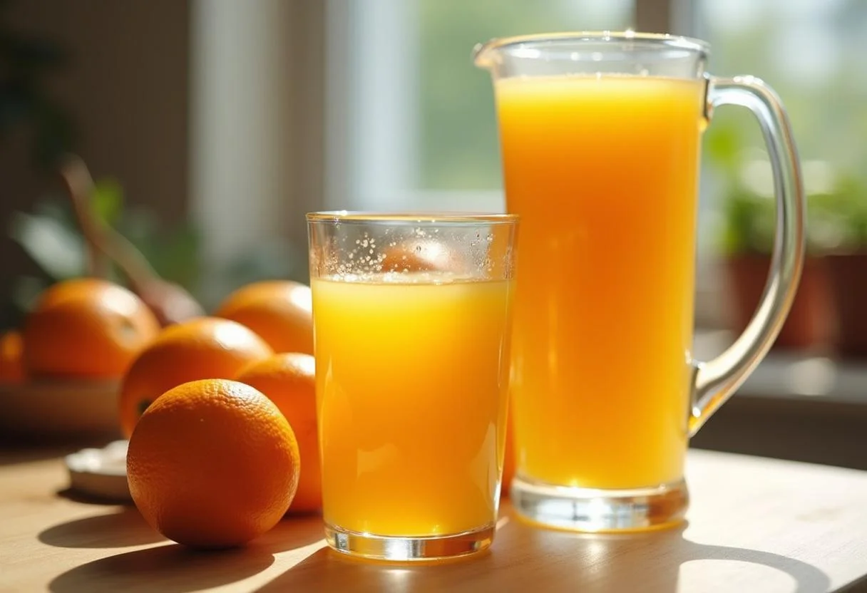 Suco de laranja bahia recém-espremido em uma jarra, perfeito para o Suco de Laranja Bahia Natural.