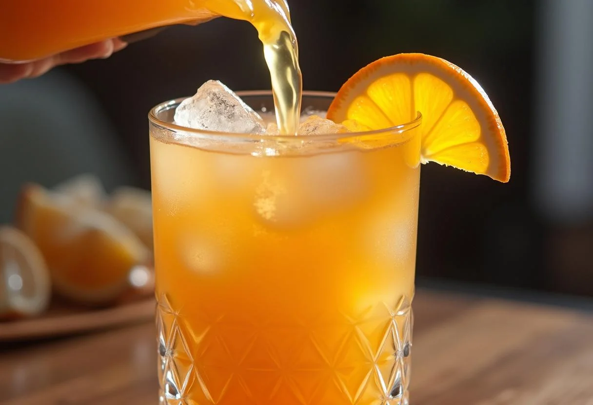 Refrescante Suco de Laranja Bahia Natural sendo servido com gelo, mostrando a cor vibrante.