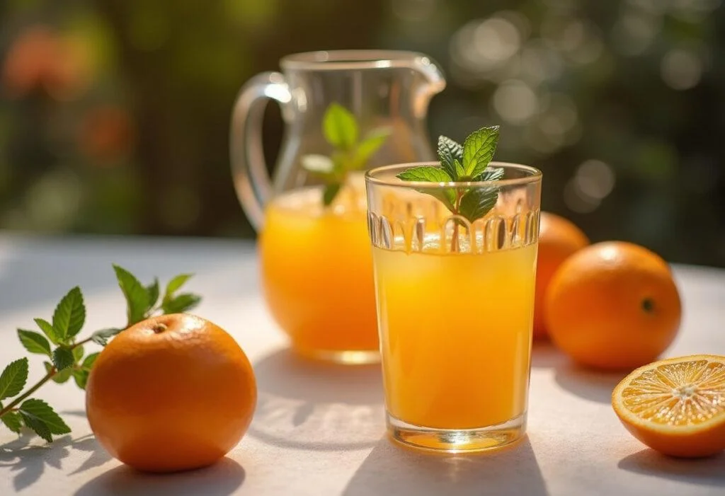 Elegant display of suco de laranja pera rio in a pitcher and glasses, showcasing fresh ingredients.