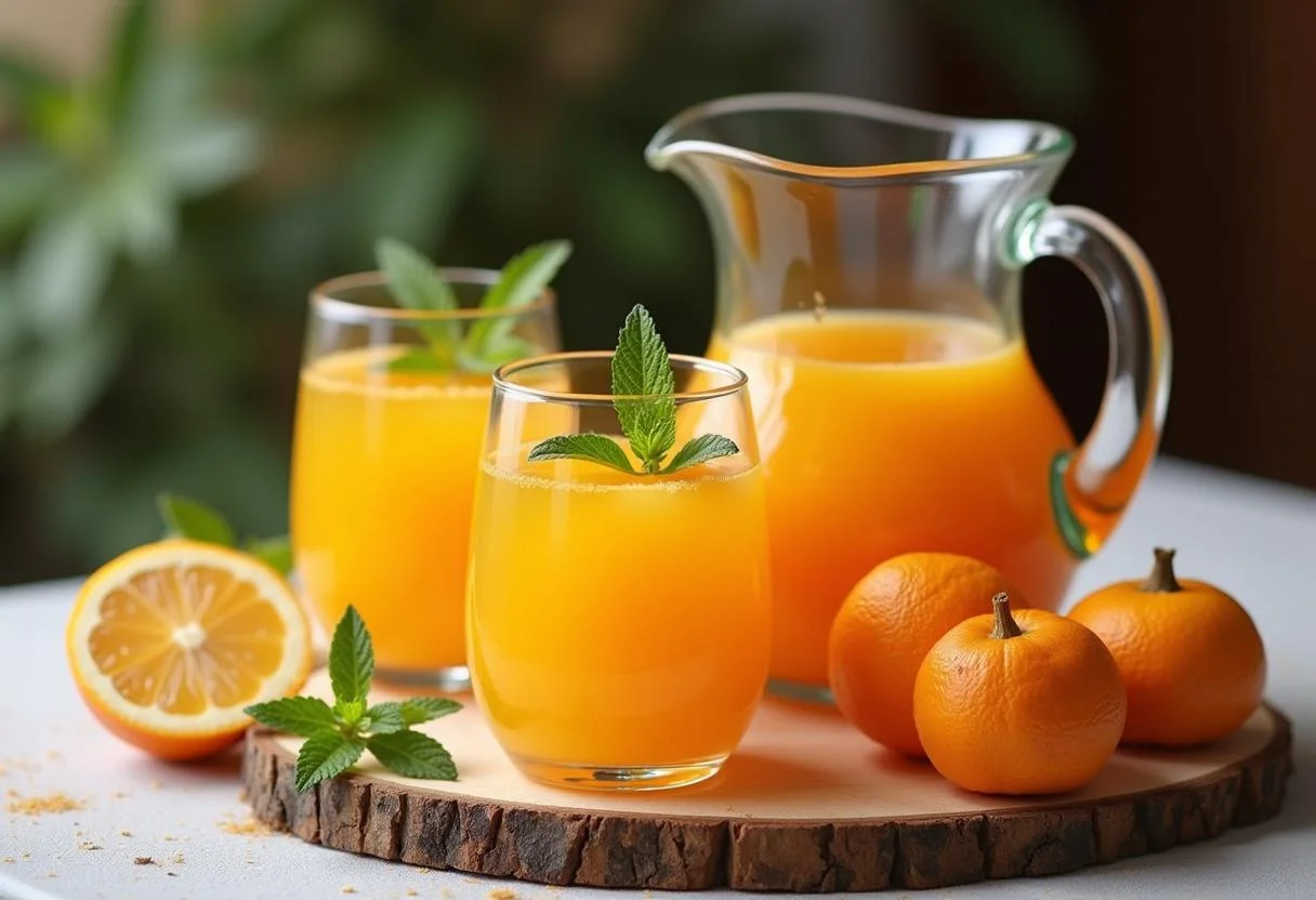 Elegant display of suco de laranja pera rio in a pitcher and glasses, showcasing fresh ingredients.