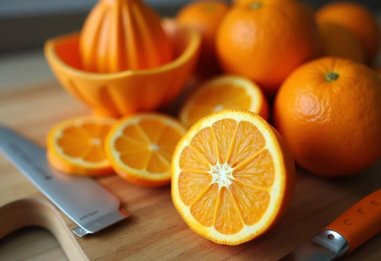 Laranja pera rio oranges on a cutting board, ready for making suco de laranja pera rio.