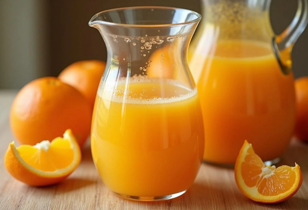 Freshly squeezed juice from laranja pera rio oranges being prepared for suco.