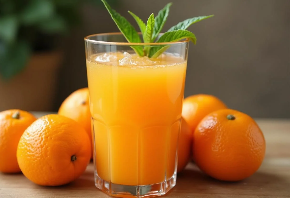 Container of vibrant suco de laranja pera rio made with fresh laranja pêra.