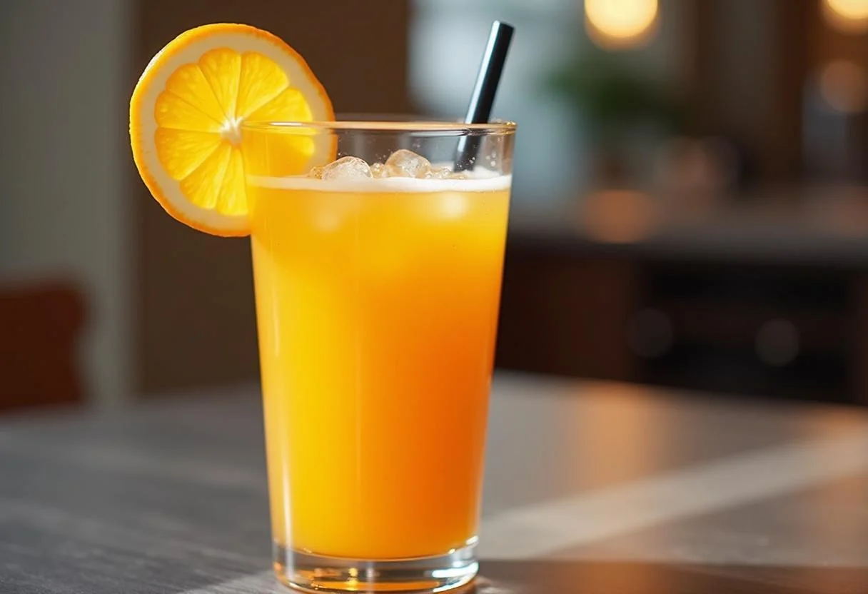 Tall glass of refreshing suco de laranja pera rio with orange slice and straw.