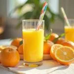 Cenário refrescante com suco de laranja Prats natural, perfeito para um café da manhã saudável.