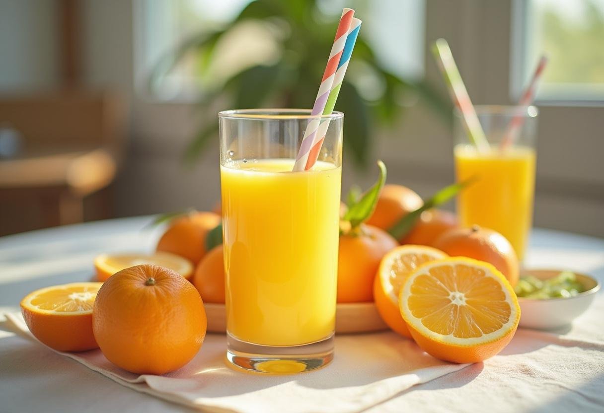 Cenário refrescante com suco de laranja Prats natural, perfeito para um café da manhã saudável.