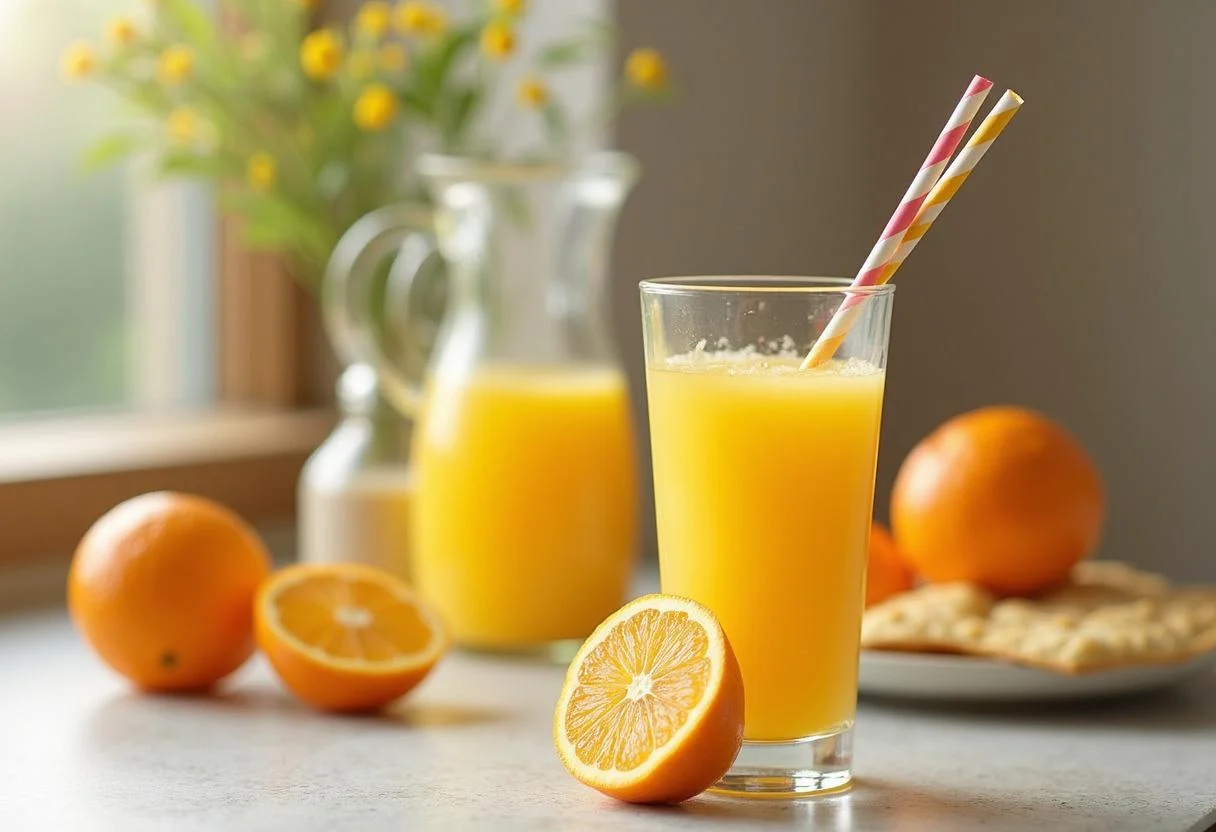 Cenário refrescante com suco de laranja Prats natural, perfeito para um café da manhã saudável.