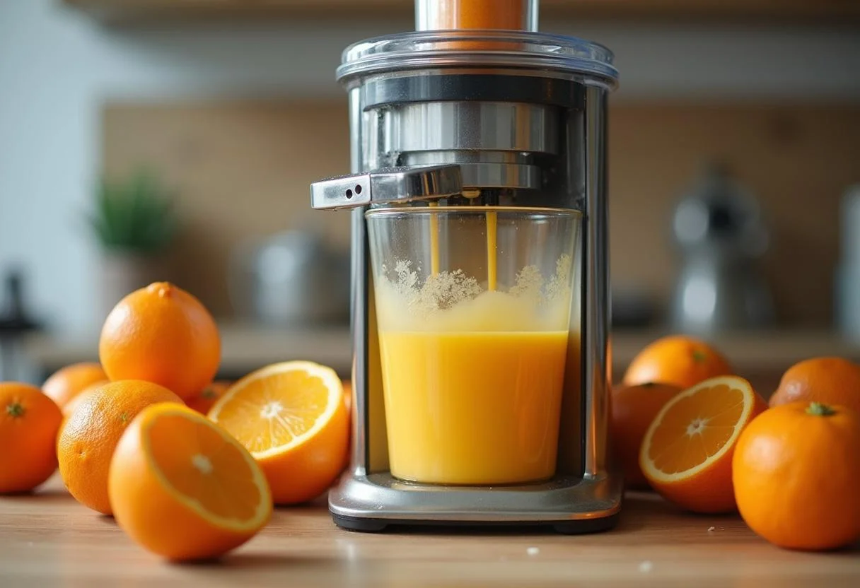 Extraindo suco de laranja usando um espremedor para preparar suco de laranja Prats.