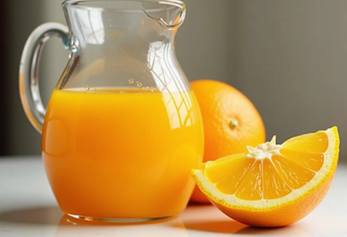 Suco de laranja fresco sendo despejado em uma jarra para suco de laranja Prats natural.