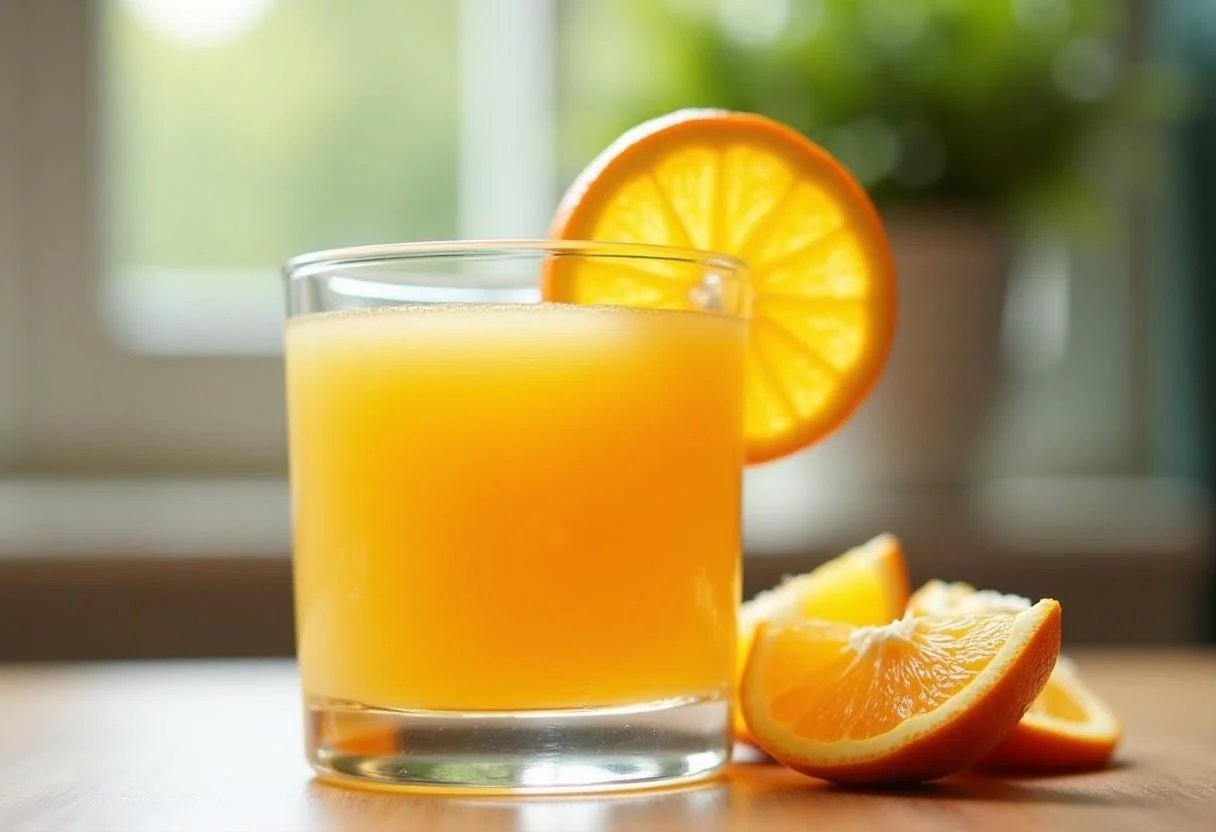 Um copo de suco de laranja Prats natural em uma mesa, pronto para ser servido.