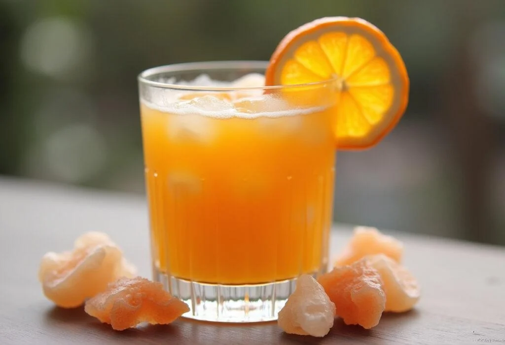 Copo refrescante de suco de laranja com fatia de laranja e cristais de calcita ao redor.