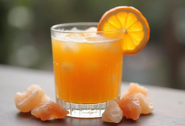 Copo refrescante de suco de laranja com fatia de laranja e cristais de calcita ao redor.