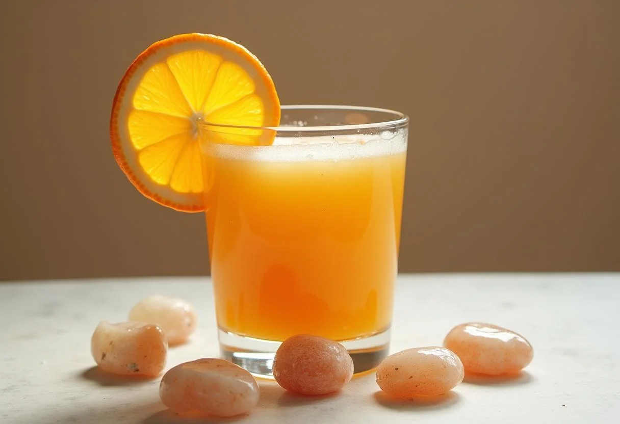 Copo refrescante de suco de laranja com fatia de laranja e cristais de calcita ao redor.