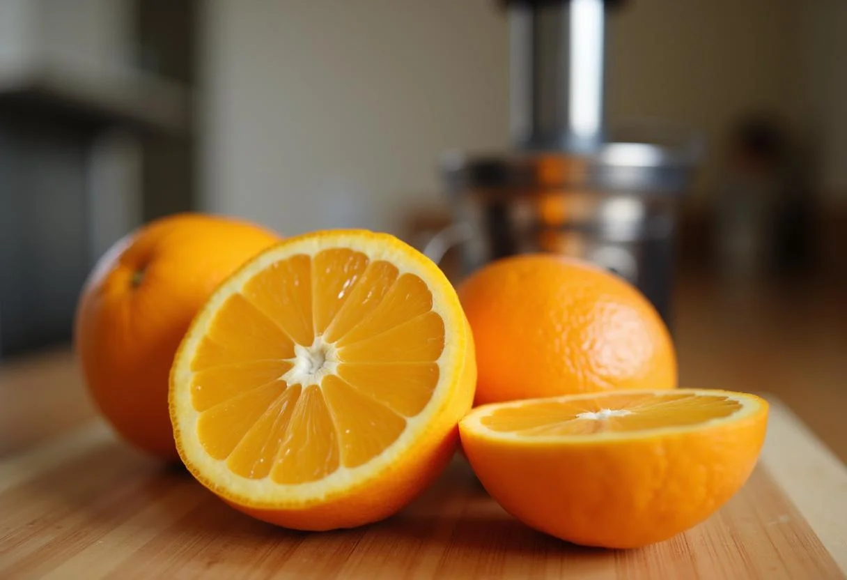 Laranjas cortadas ao meio para fazer suco de laranja fresco.