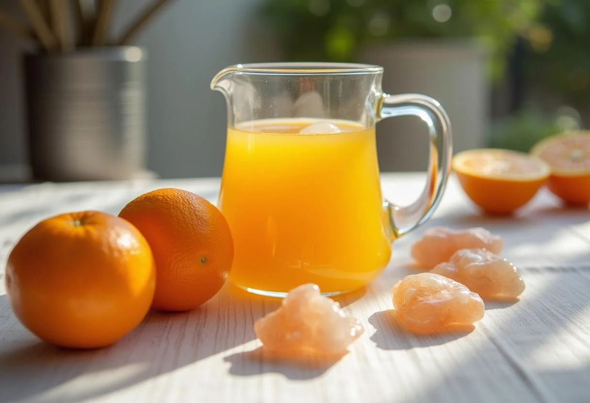 Mesa decorada com pitcher de suco de laranja, laranjas frescas e pedras de calcita.