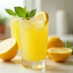 Suco de limão, gengibre e mel prontos, energizando a imunidade em uma cozinha iluminada.