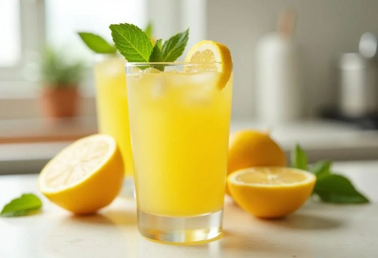 Suco de limão, gengibre e mel prontos, energizando a imunidade em uma cozinha iluminada.