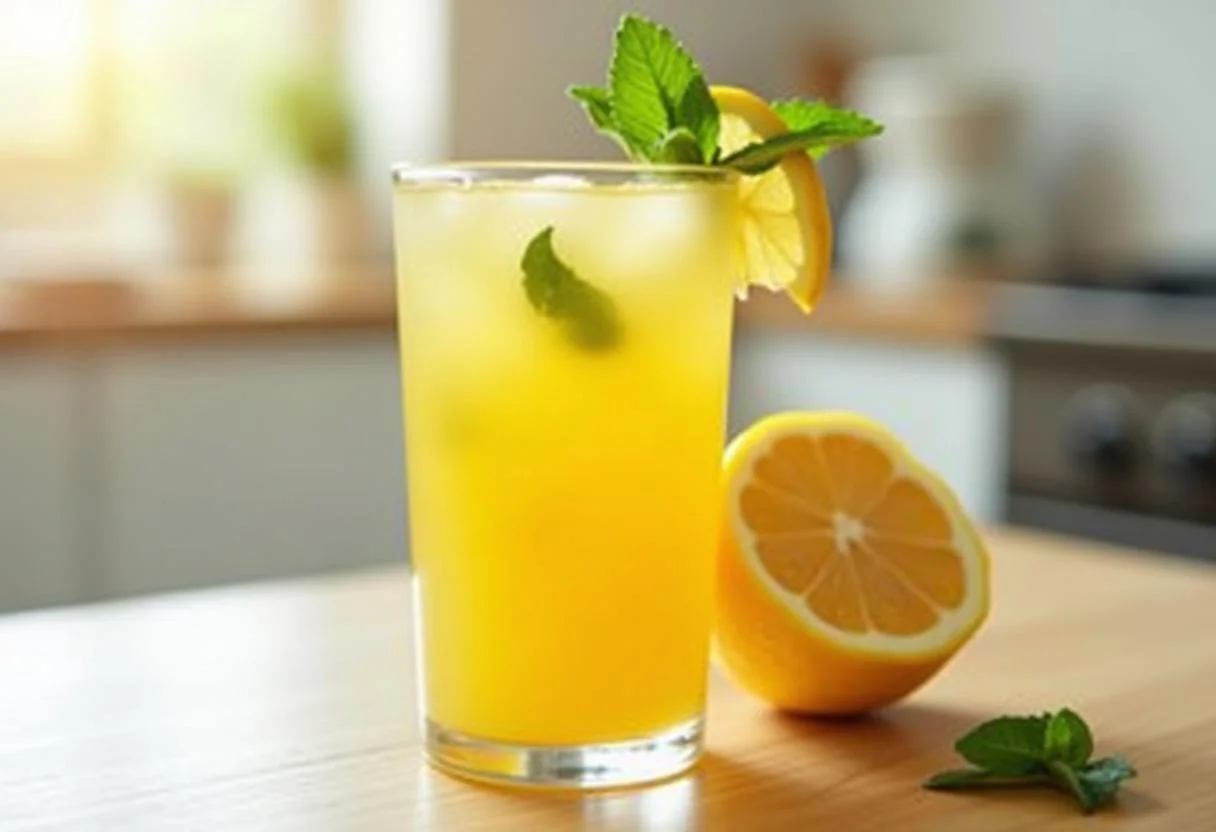 Suco de limão, gengibre e mel prontos, energizando a imunidade em uma cozinha iluminada.