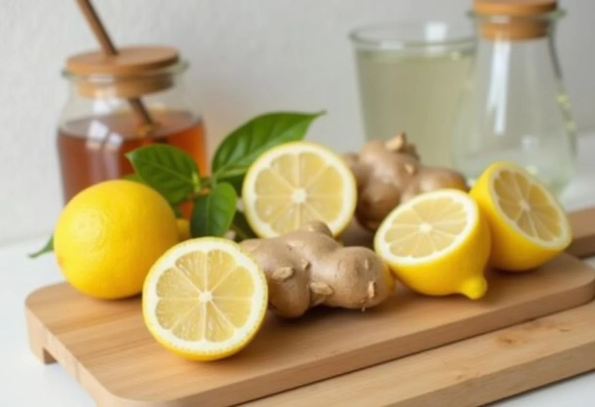 Ingredientes para suco bom para virose: gengibre fresco e limões halved em uma tábua de corte.