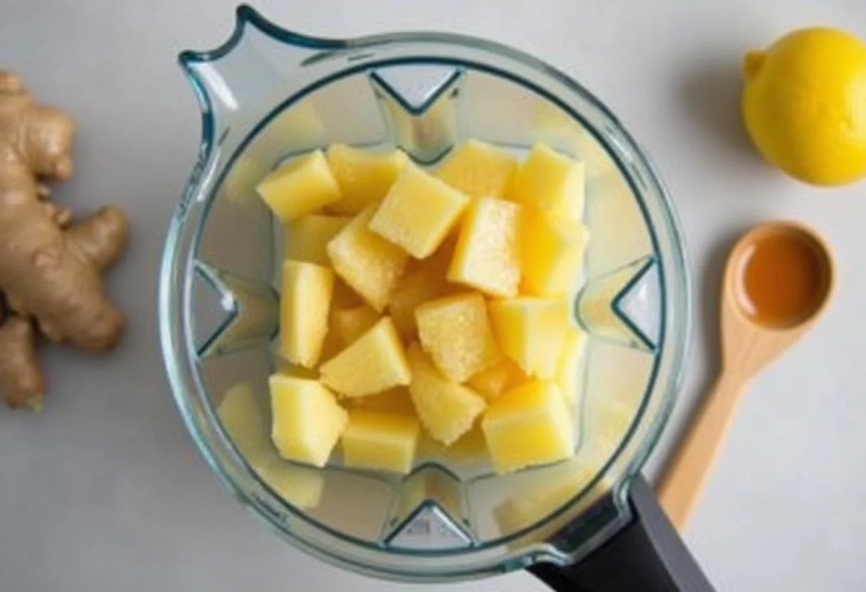 Mistura de gengibre, suco de limão e mel em um liquidificador para suco bom para virose.