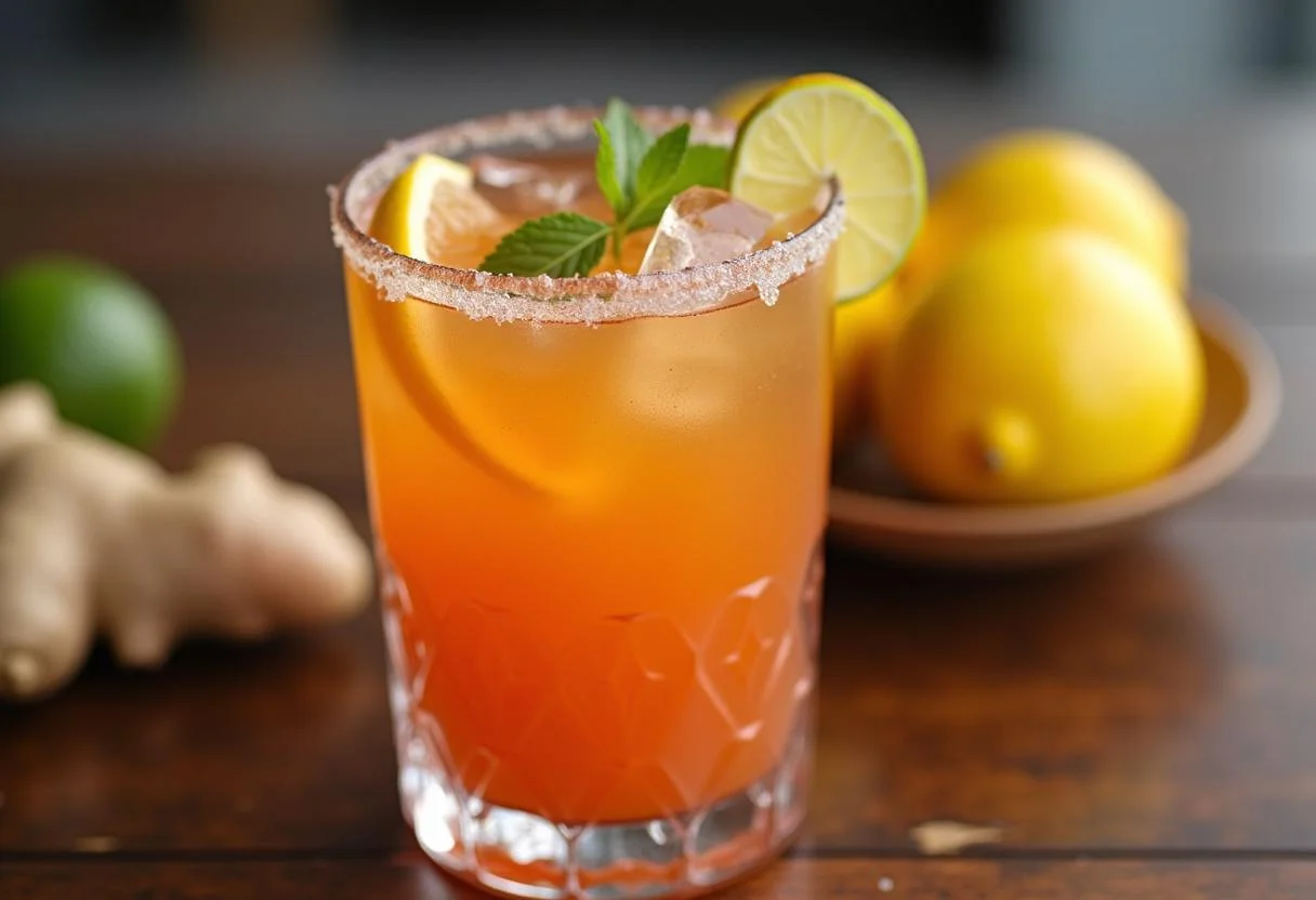 Suco pronto para virose com limão e gengibre em uma mesa de madeira.