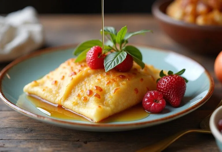 Tapioca simples e rápida servida com frutas frescas e mel, destacando sua origem e sabor.