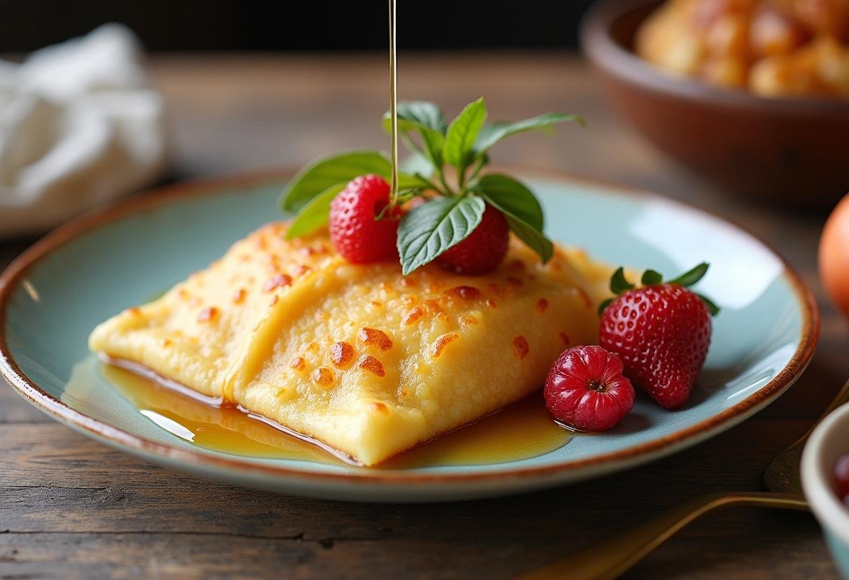 Tapioca simples e rápida servida com frutas frescas e mel, destacando sua origem e sabor.